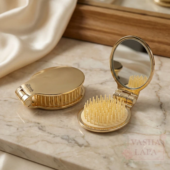Щётка золотая складная с зеркалом Janeke 1830 Folding Hair-Brush With Mirror Gold